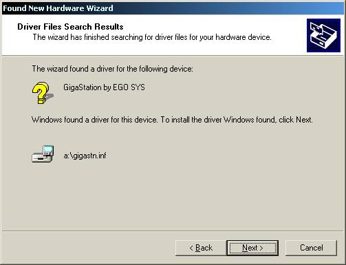 5. Now Windows will recognize the GIGAStation after searching for the installation files in drive A and copy them to the