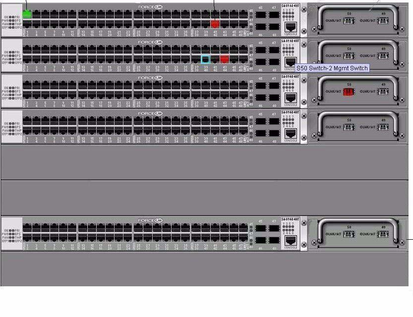 Figure 82 S50 Chassis View Example port operationally up port operationally down SA-01-GE-48T SA-01-10GE-2P 4x1G SFP ports 10G SFP Tool Tip Front Panels Rear Panels Stack position indicates