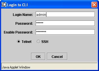 Step 6 Click File Login. Node Manager displays this dialog box: Figure 9 Log in to CLI Screen Enter your CLI Login Name, Password and Enable Password.