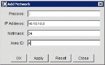 menu: Figure 45 Router OSPF Configuration Window 2 Inspect the current area associations to verify that you are adding a new network to the correct OSPF