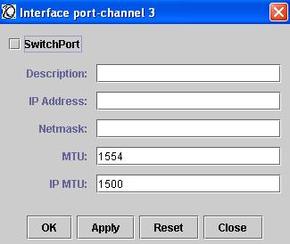 Step 3 Click Config. Node Manager displays this dialog box: Figure 53 Interface Port Channel Configuration Dialog Box 4 Enter your selections. You have these options.