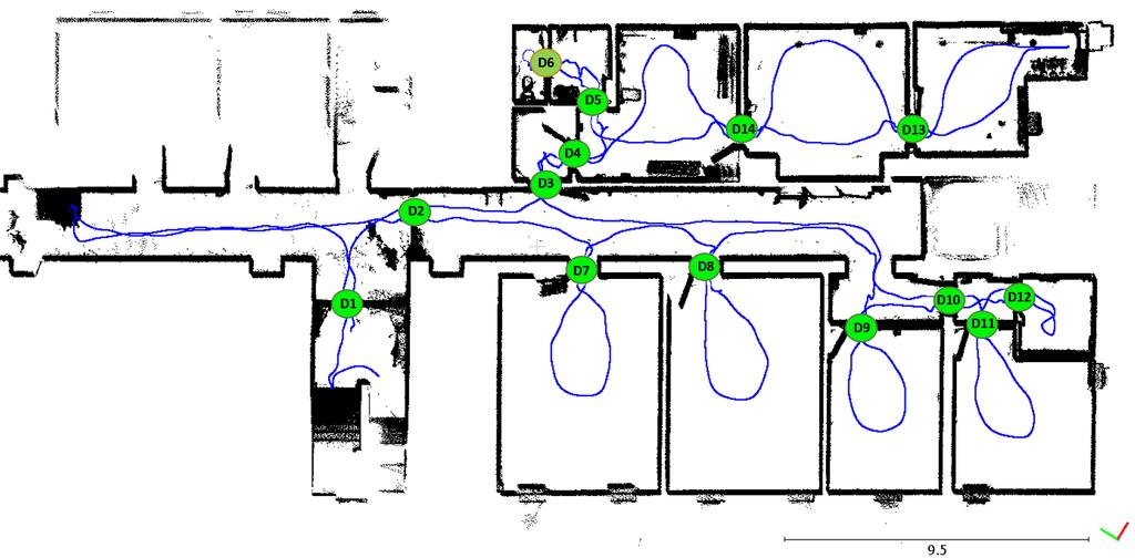 more trajectory points. This was due to a problem in verifying the door width and height in the small spaces. Figure 4.17: Correctly detected doors of the ZEB-REVO top floor shown in green circles.