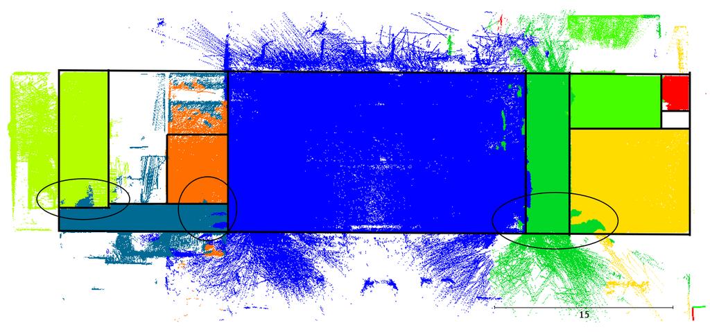 Figure 4.24: Top view for the ground floor of ZEB1 dataset. The black ellipses show mixed labels near the doorways. Figure 4.25: Top view for the top floor of ZEB1 dataset.