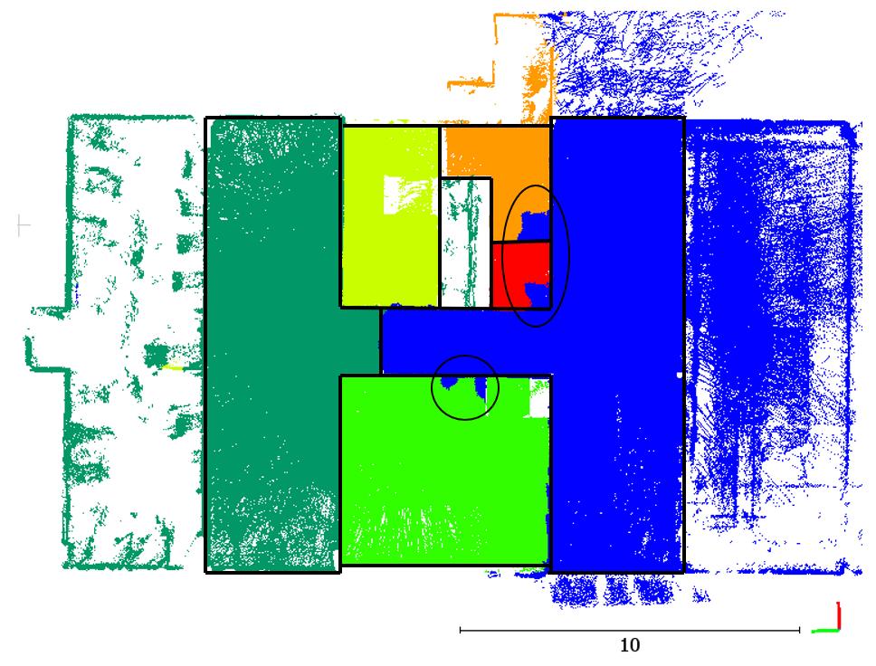 (a) (b) Figure 4.26: Top view for the labeled intermediate floor of ZEB1 dataset. a) Black circles show mixed labels around the doors.