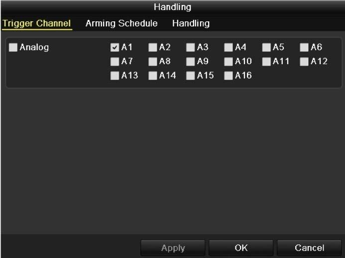 3. Click Trigger Channel tab and select one or more channels which will start to record/capture or become full-screen monitoring when motion alarm is triggered. Figure 8.