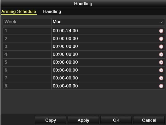 3. Set up arming schedule and alarm response actions of the channel. 1) Press Arming Schedule tab to set the channel s arming schedule.