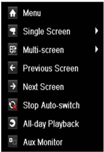 Next Screen Start/Stop Auto-switch All-day Playback Aux Monitor Switch to the next screen. Enable/disable the auto-switch of the screens. Play back the video of the selected channel.
