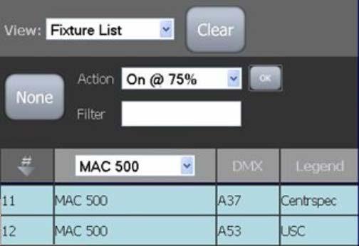 The All button selects all fixtures, or click on a fixture in the list to select it. When using 'all fixtures' you need to click OK to carry out an action.