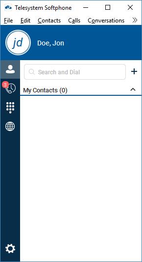 5.1 Main Window When you start Telesystem Softphone for the first time, your Contacts list is empty. Use the Search and Dial field to find people and add them to your Contacts list.