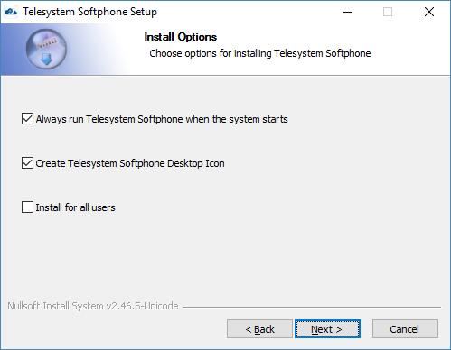 Choose options for installing Telesystem Softphone.