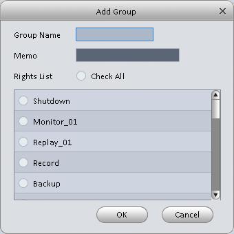 Please input a group name and then select corresponding rights, input some note