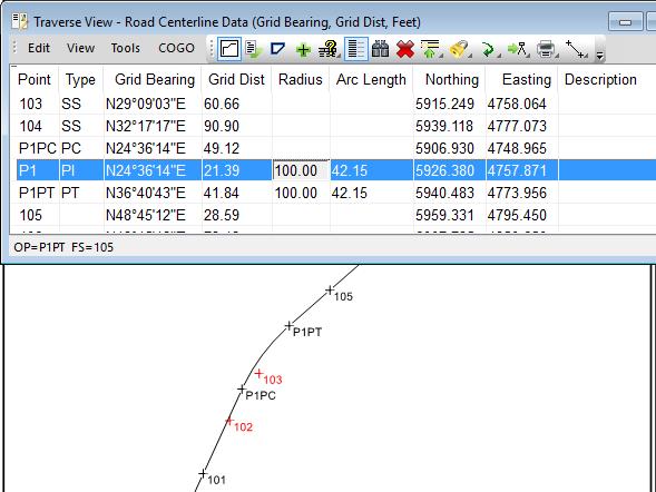 Horizontal Curves What if the resulting curve isn t quite right? What happens if we enter a different radius? 44) Click in the Radius field of point P1 and enter 125.