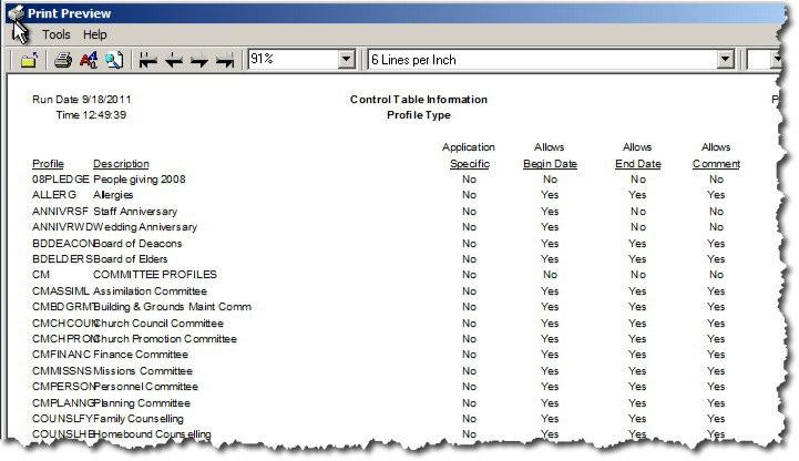 Profile Configuration Opening the Profile Type table and clicking the Print button