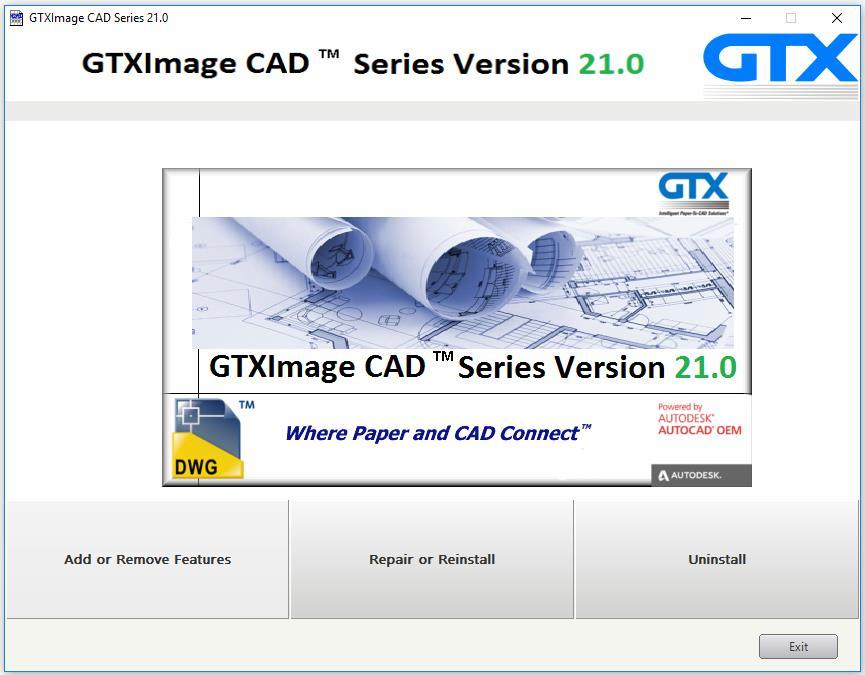 Uninstalling the Software To Uninstall simply go to Start - Settings - Control Panel Programs and Features Image CAD Series V21.0 or re-insert the DVD Install GTXImage CAD Series V21.0 again.