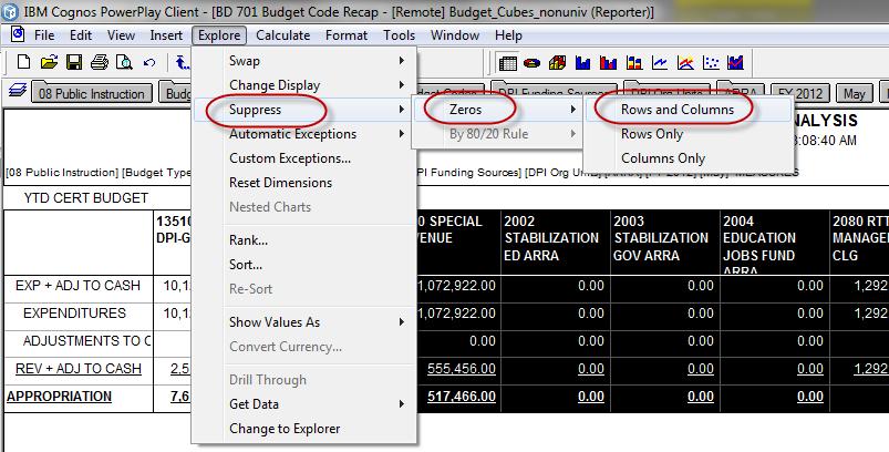 Formatting, Printing and Exporting Walkthrough Objective Suppress zero columns and rows 1. Double-click on Exp & Adj to Cash. 2. Double-click on Column 23510 DPI-Special. 3.