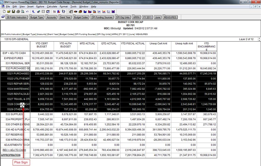 4. Double-click on EXPENDITURES. To Drill down on 532 PURCHASED SERVICES 5.