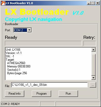 10 Firmware update The update of LX 166 firmware is also possible after using of special LX tools (LX Bootloader). All tools are available on www.lxnavigation.si. HW requirements: Windows running PC (Win 98 or Win XP).