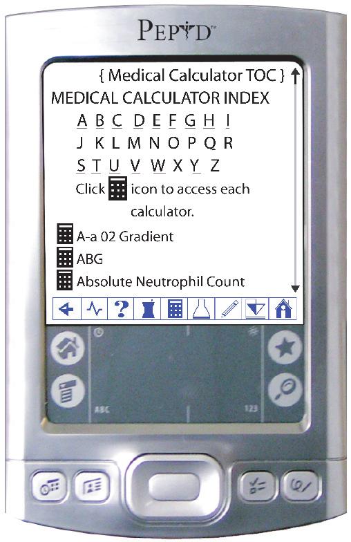 >> Medical Calculators clinical rotation companion tutorial 4 The medical calculator icon allows you to view the alphabetically organized medical calculator index and links you to the medical