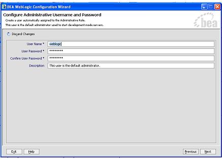 On the Configure Administrative Username and Password screen enter weblogic for username and weblogic for password and click Next.