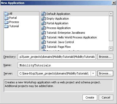 Using BEA Workshop with the Getting Started Tutorials Figure 9 New Application Dialog Now that you have created a new Domain and a new Application, you can import the Mobility Tutorials.