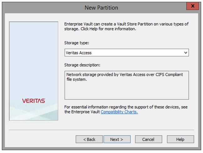 Veritas Access archival policy configuration for Enterprise Vault Configuring Veritas Access storage with Enterprise Vault store partition 31 in the New Partition dialog of