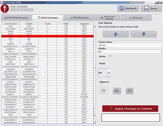 6 Click on the Save button to save your entries. Grid Columns Tab The Grid Columns tab lists the columns that display on the POS screen.