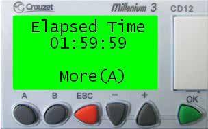 The fourth line switches to the RPM screen by pressing <A>. Pressing <B> will display the elapsed time screen.