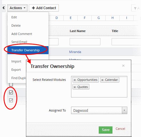 The 'Transfer Ownership' dialog will be displayed. You can transfer all information to the new assignee, or only selected modules that are associated to the contact.
