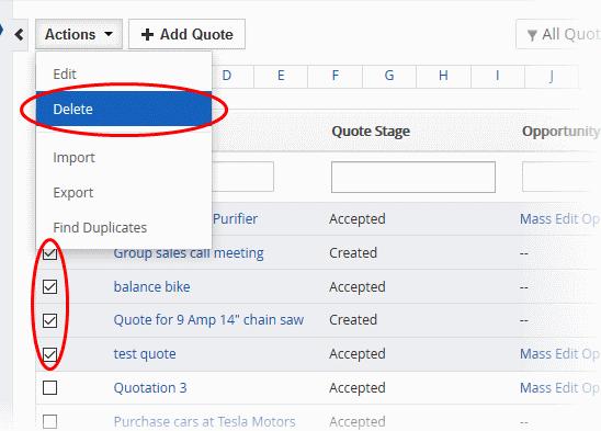 Select the quotes to be deleted Click 'Actions' and choose 'Delete' button.
