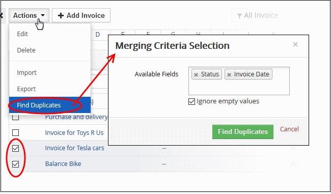 Click in the 'Available Fields' box and choose the invoice related fields from the drop down. 'Ignore empty values' means the CRM will not consider matching blank fields as indicating a duplicate.