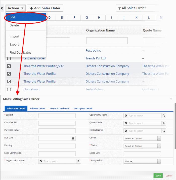 This interface contains four tabs: Sales Order Details - Allows you to specify subject, contract name and more. See this table for descriptions of the fields in the 'Sales Order Details' tab.