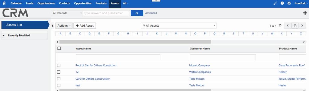 Left-hand menu: 'Assets List' shows all assets added to the CRM. Click any asset to open its details page. The 'Recently Modified' tab lists assets which were recently updated.