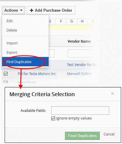 Click in the 'Available Fields' box and choose the purchase order based fields from the drop down.