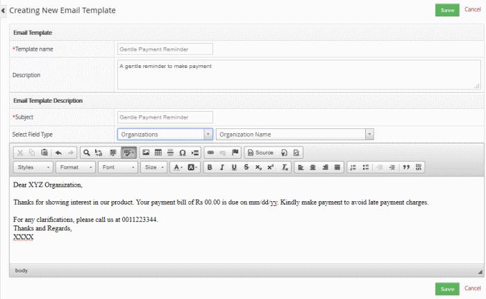 Note: If you create a template for leads when you send emails to leads, only the templates created for lead records will be available. The new template will list in the 'Email Templates' interface.