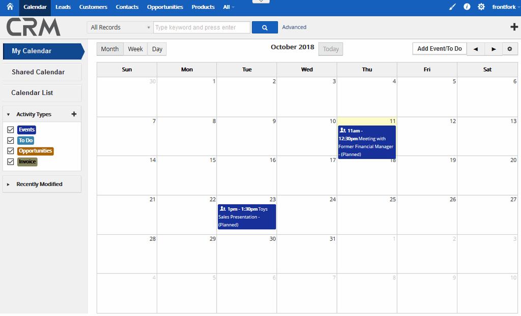 Click any existing activity in the calendar to view or edit its details. Click on any date in the calendar to create a new activity.