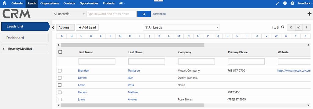 The 'Leads' area lets you create new leads and associate them with contacts, organizations, emails, campaigns and services.