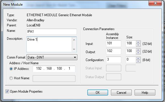 3. Enter the following values in the Module Properties dialog box.
