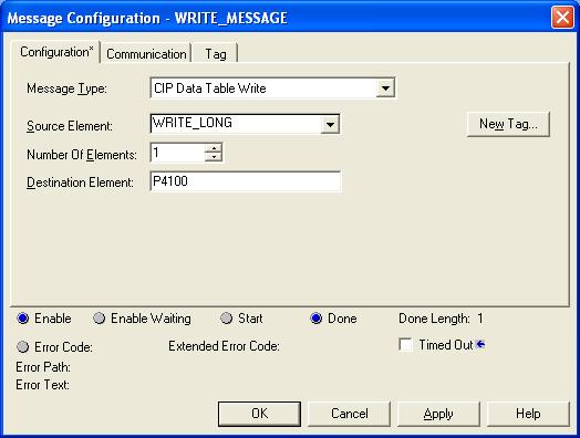 Data Table Write Example The CIP Data Table Write service may be used to write up to 16 consecutive longs or floats from the ControlLogix to an ACR controller.