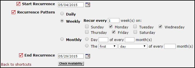 Entering a Recurring Schedule 33 A Recurring schedule is used for an event that takes places on a regular basis (Example: every Monday and Wednesday from October through December).