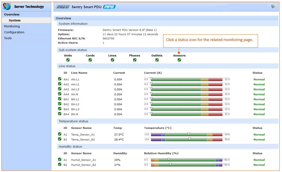 PRO1 Dashboard View The Overview > System page provides a fast and high-level view of the overall condition of the PRO1 unit.
