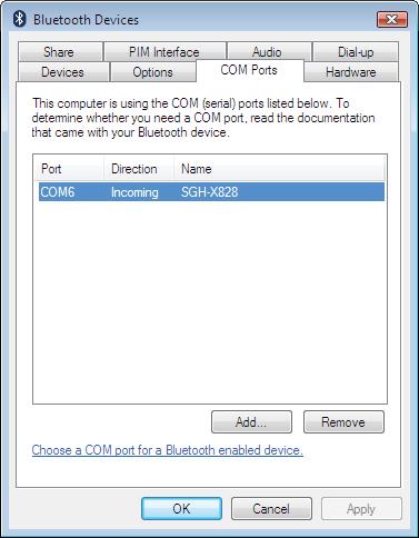 COM Ports tab Use this tab to configure the COM (serial) port settings for Bluetooth devices.