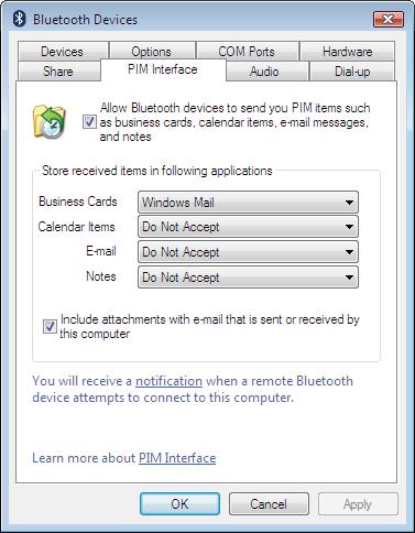 PIM Interface tab Use this tab to configure settings for received PIM items, such as business cards, calendar items, e-mails, and