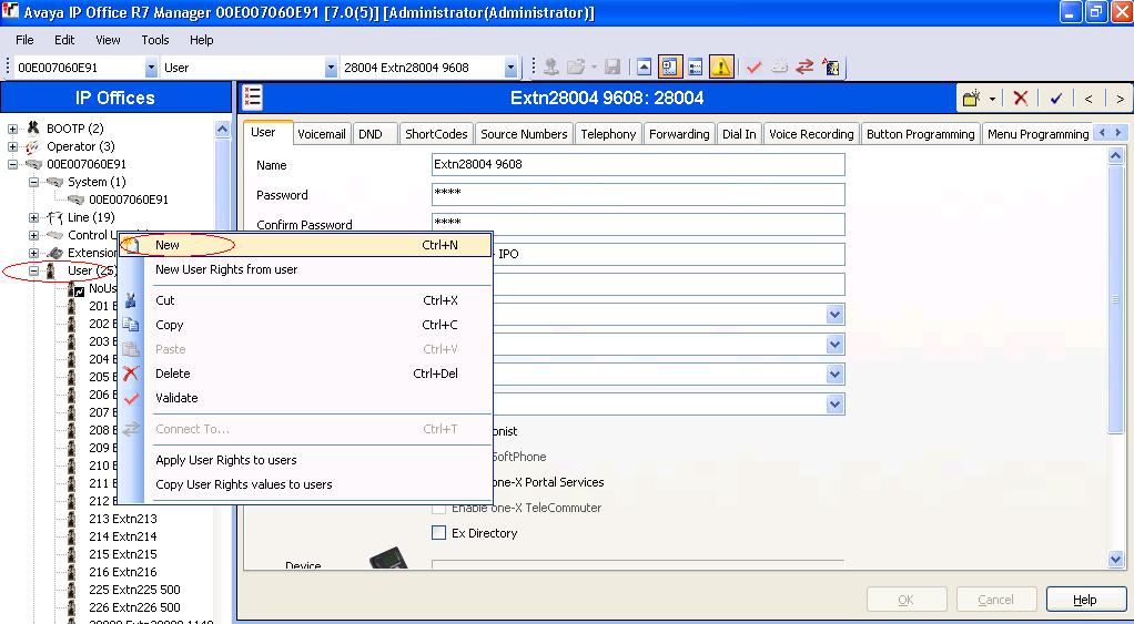 Figure 8: Configuring VoIP To assign a User to the above created Extension, right click