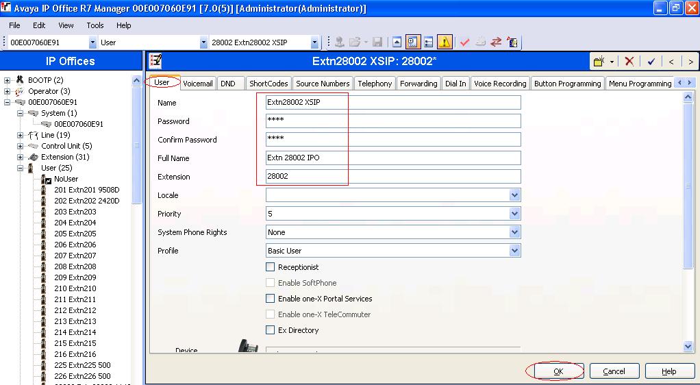 In the User tab, populate the Name, Password, Confirm Password, Full Name and Extension fields as shown in Figure 10 below.