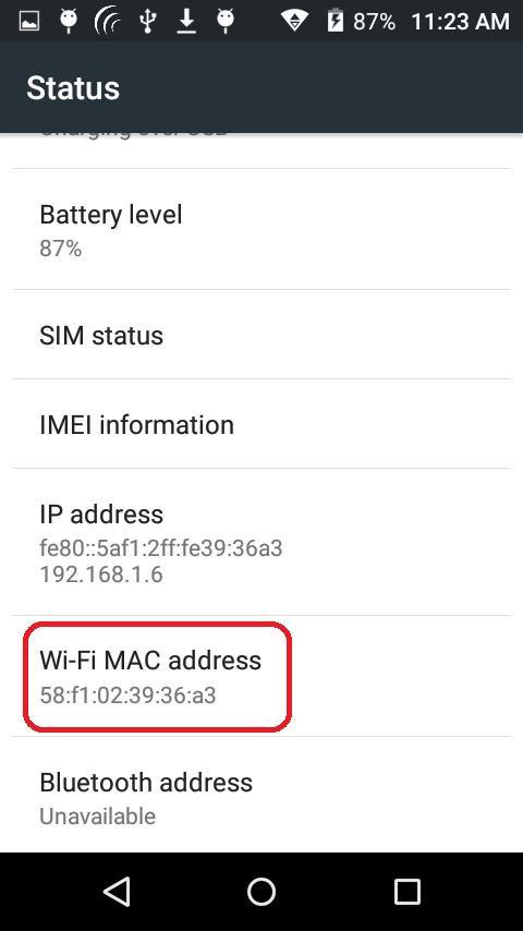 Alternatively, the Smartphone s MAC address can be obtained from the Smartphone s menus. The exact menu hierarchy will vary, depending on the manufacturer of the Smartphone.