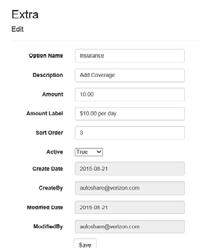 3.5 Settings Extras Extra Add, search and modify additional option such as Insurance, Prepay Fuel and Wi-Fi. Add New Enter a name, description, amount (e.g., 10 ), amount description (e.g., $10.