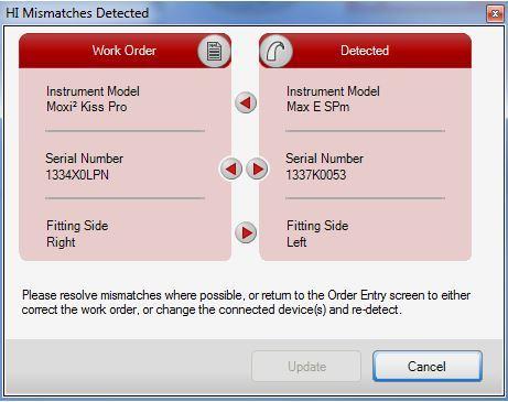Work Order / Instrument Mismatch If the work order information does not match the information from the detected device(s), U:set will display a mismatch summary dialog wizard, in either Monaural or