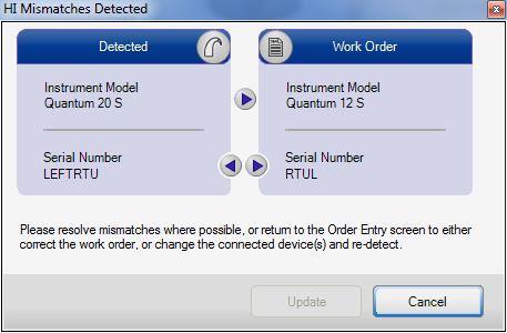 Example 2: Monaural Mismatch dialog showing differences in the Instrument Model and Serial Number of the connected instrument vs. the Work Order information.