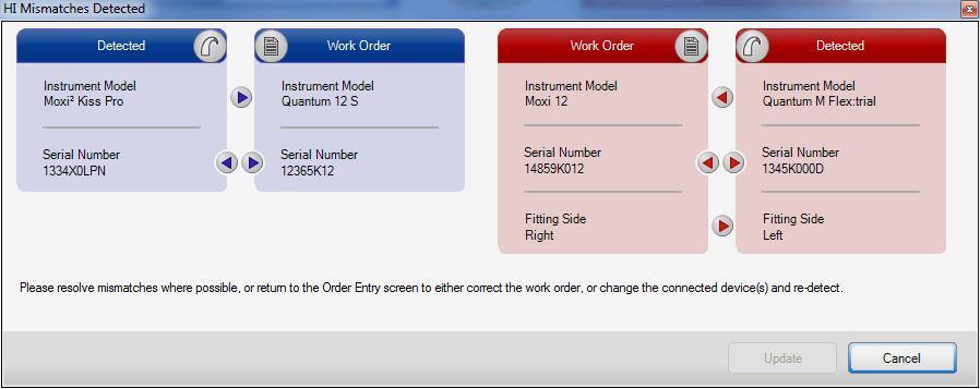 Example 3: Binaural Mismatch dialog showing differences in the Instrument Model and Serial Number of the connected instruments vs. the Work Order information.