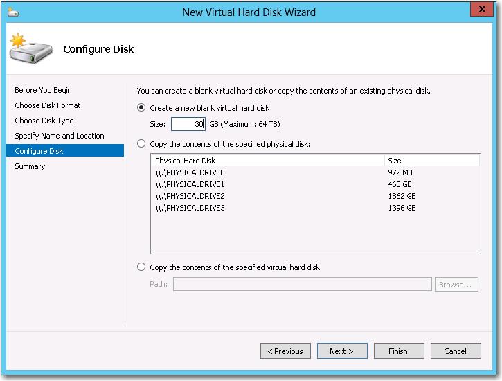 Select Create a new blank virtual hard disk, and in the Size field,